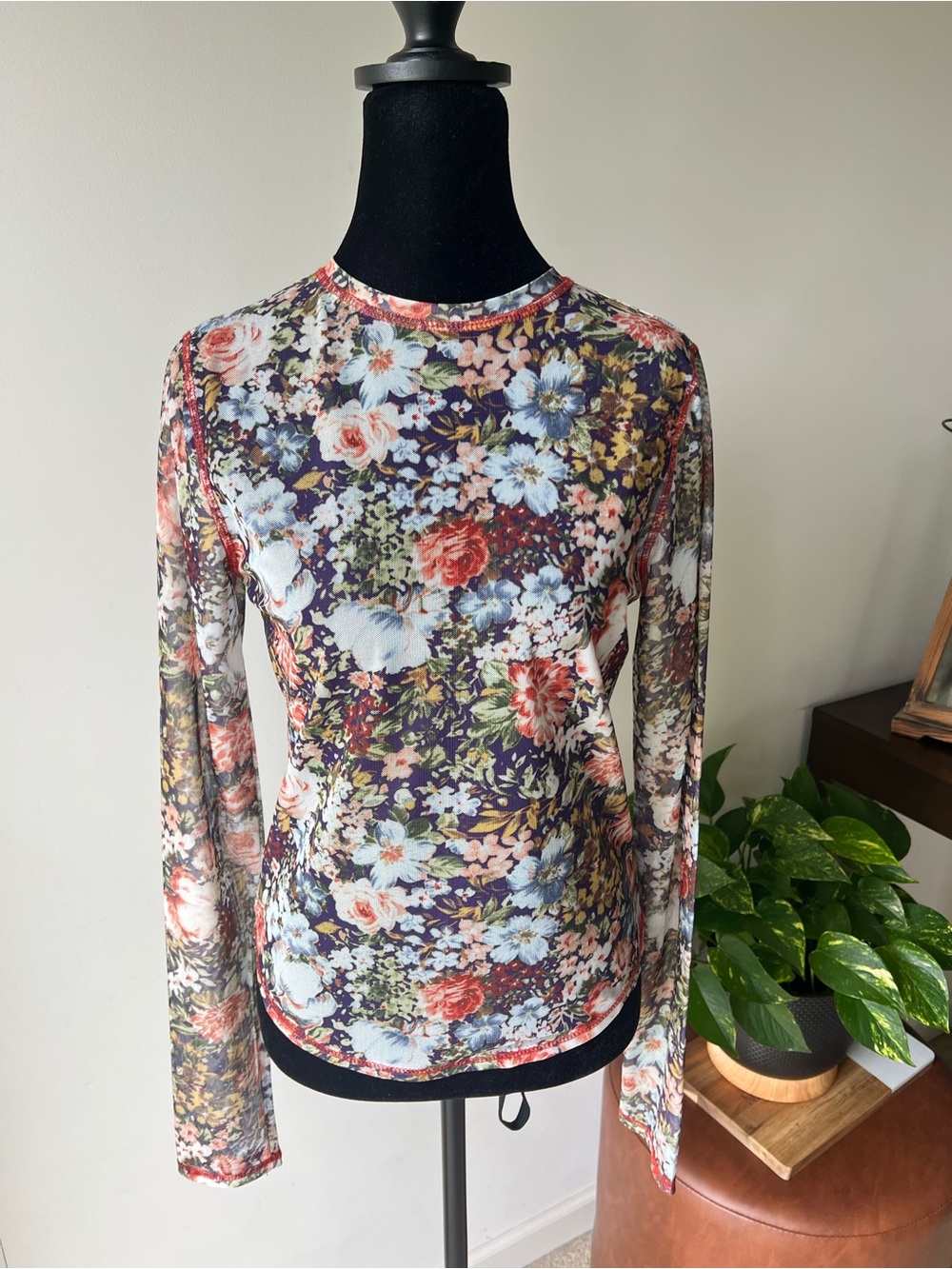 La Miel Floral Long Sleeve Mesh Top in Multi-Color